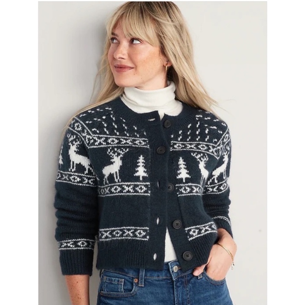 Old Navy Navy Blue and White Cardigan Sweater